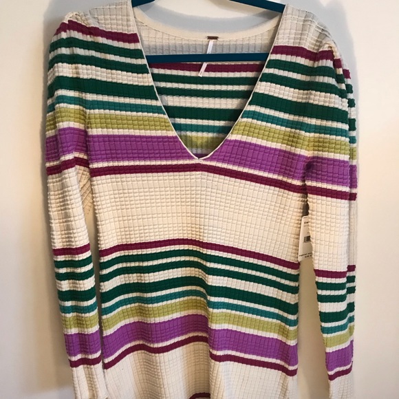 Free People Dresses & Skirts - Free People Cream Waffle Knit Mini Dress with Green and Purple Stripes